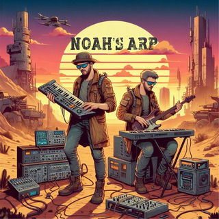 Two bandmembers with synthesizers, guitars and other gear in an apocolyptic desert